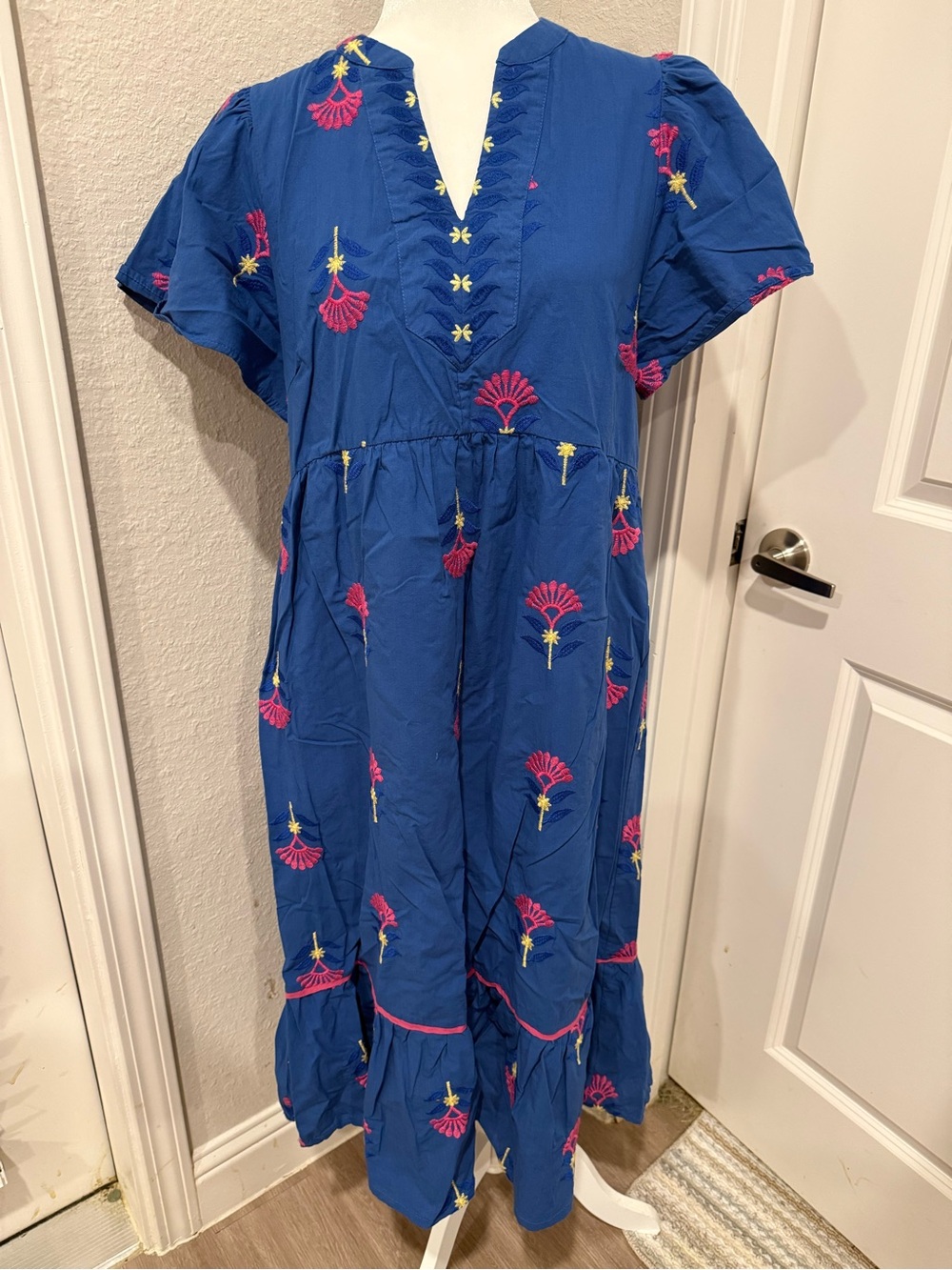 Umgee Blue Midi Dress with Pink and Yellow Embroidery